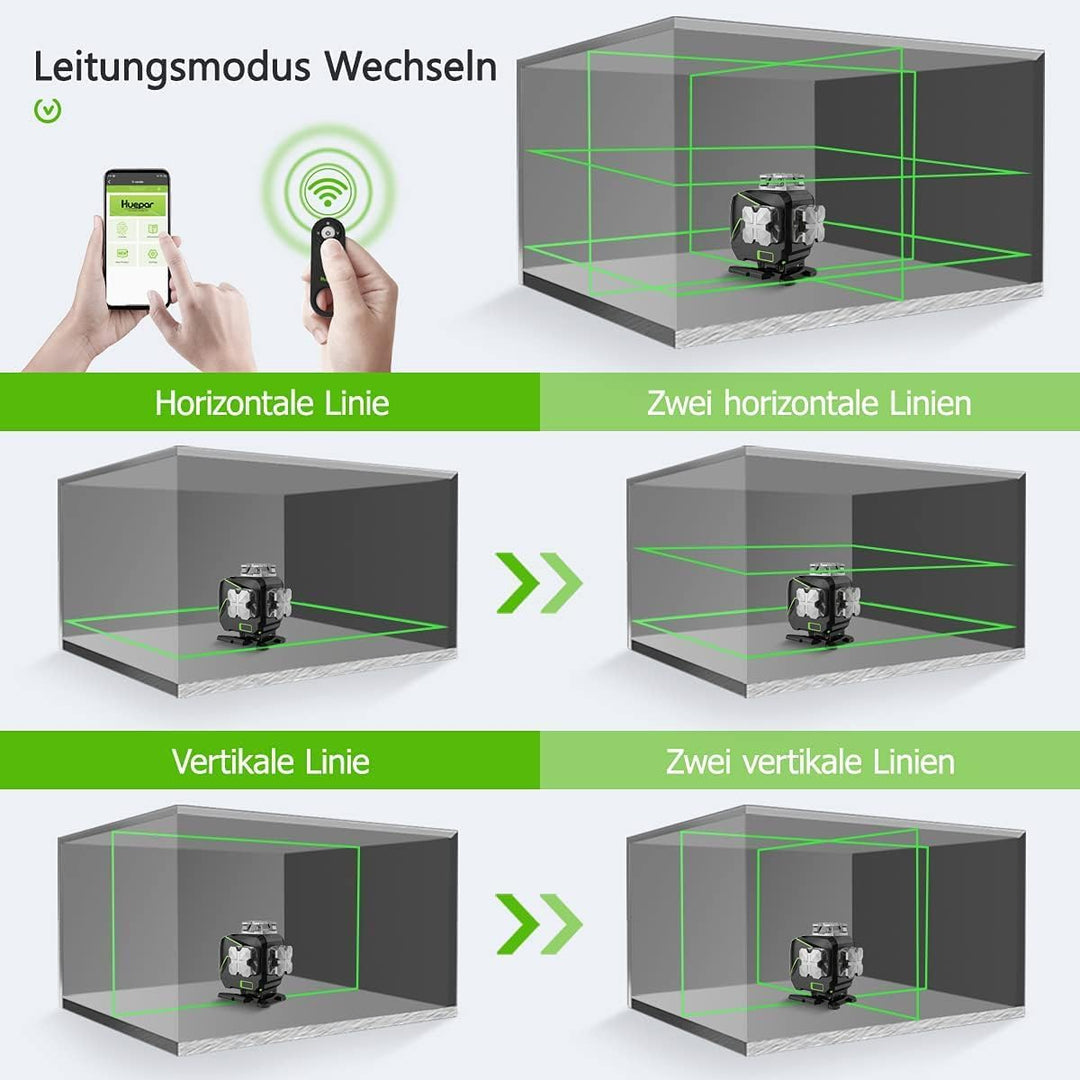 Huepar 16 Linien Selbstnivellierender Laser Level 4x360° Kreuzlinienlaser mit Empfänger - LCD-Bildsc