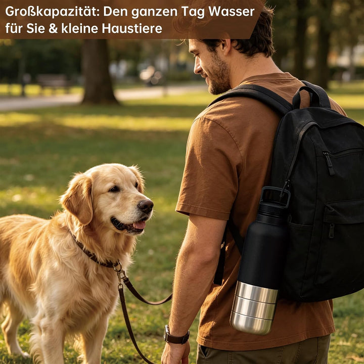 4-in-1 Trinkflasche Hunde für Unterwegs, Isolierte Edelstahl Hundetrinkflasche mit 3 Näpfen, Auslauf