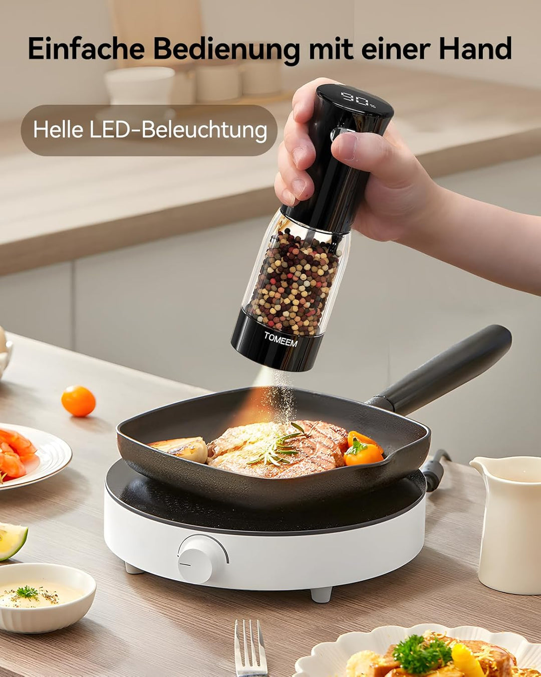 TOMEEM Elektrisches Salz- und Pfeffermühlen-Set – wiederaufladbar mit LED-Betriebsanzeige, 5-stufig