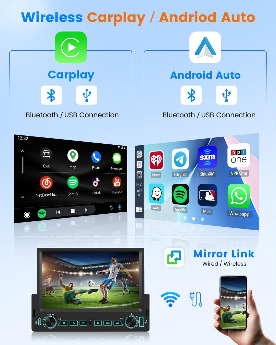 Hikity Autoradio Bluetooth 1 DIN Stereo Auto Bluetooth kompatibel mit Wireless CarPlay & Android Aut