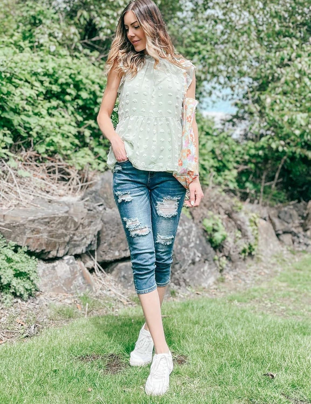 Roskiky Damen Capri Jeans für Frauen hohe Taille Skinny Ripped Jean Denim Hosen L A-klassisch Blau,