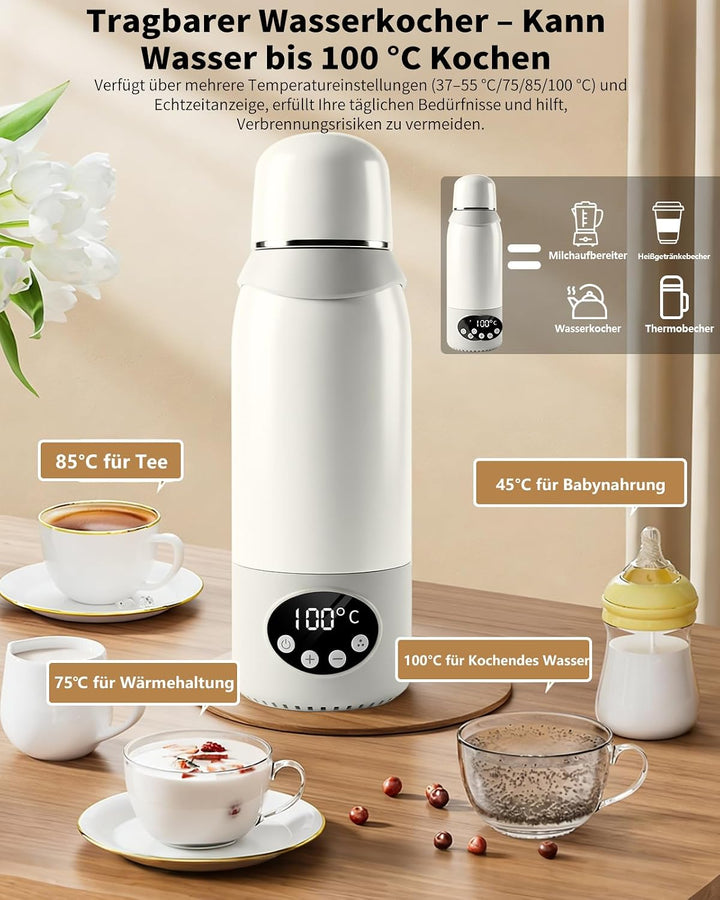 2-in-1 Reisewasserkocher &amp; Tragbarer Babyflaschenwärmer mit 500 ml, 12000 mAh Akku, 37–100 °C Präzis