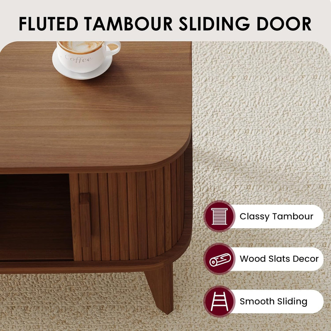 YOUDENOVA Couchtisch Holz mit Stauraum,Modern Wohnzimmertisch mit Schiebetüren im Tambour-Design,Bei