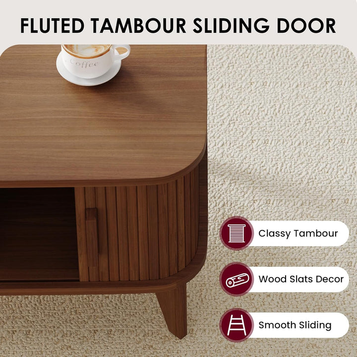 YOUDENOVA Couchtisch Holz mit Stauraum,Modern Wohnzimmertisch mit Schiebetüren im Tambour-Design,Bei