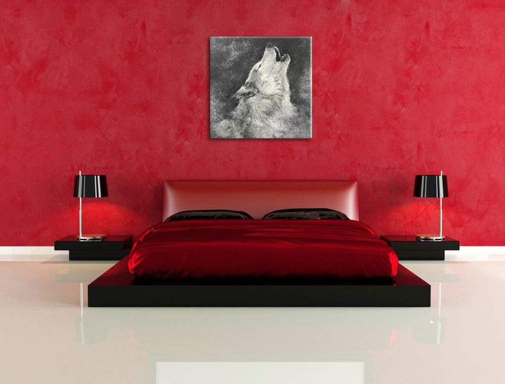 Heulender Wolf Kunst, Format: 70x70 auf Leinwand, XXL riesige Bilder fertig gerahmt mit Keilrahmen,