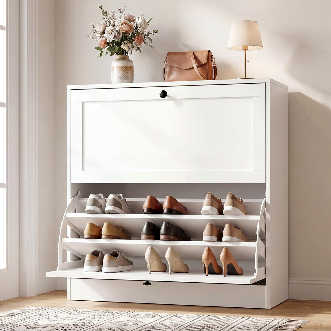 VOWNER Schuhschrank mit 2 Klappen, Schuhregal Schuhkipper Schmal, mit 6 Fächern, Schuhschrank Weiss,