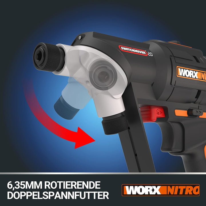 WORX WX177 NITRO Akku-Bohrschrauber Switchdriver 2.0 20V – starker bürstenloser Motor bis 50Nm Drehm