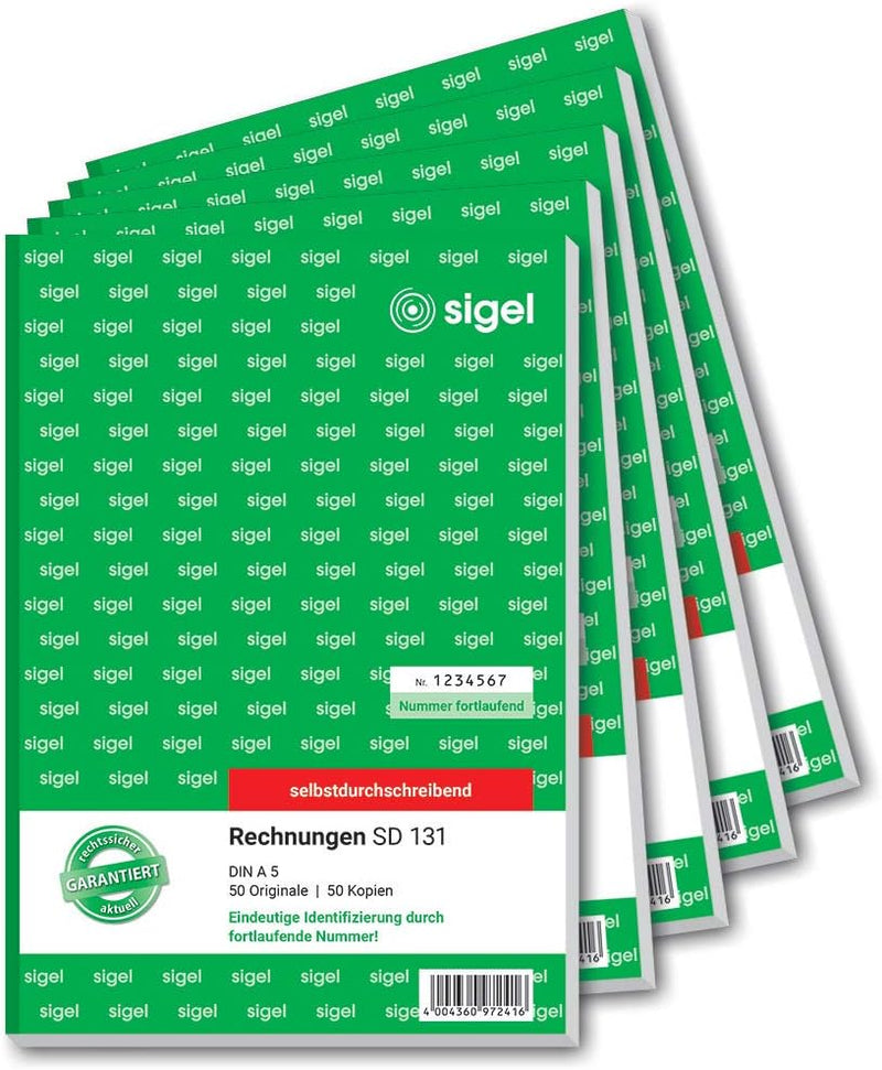 SIGEL SD131/5 Rechnungen fortlaufend nummeriert, A5, 2x50 Blatt, selbstdurchschreibend, 5er Pack