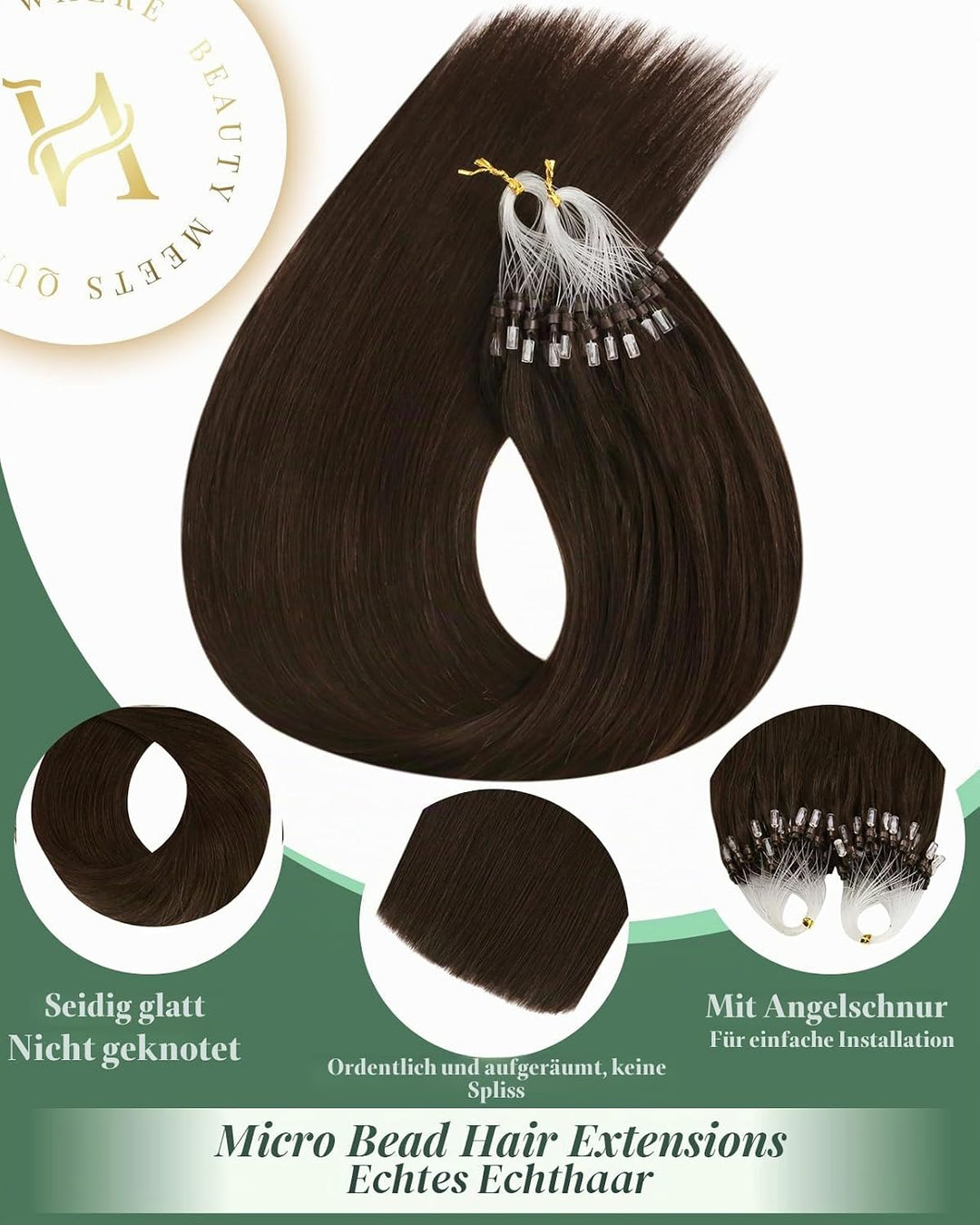 Ugeat Microring Extensions Echthaar 35cm Dunkelbraun Seidig Micro Loop Extensions Echthaar Microring