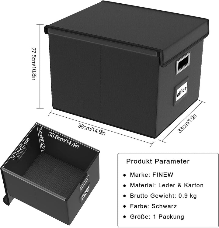 FINEW Stoff Faltbare Aufbewahrungsbox mit Deckel, Verbessertes Ledermaterial, Hängemappenbox für DIN