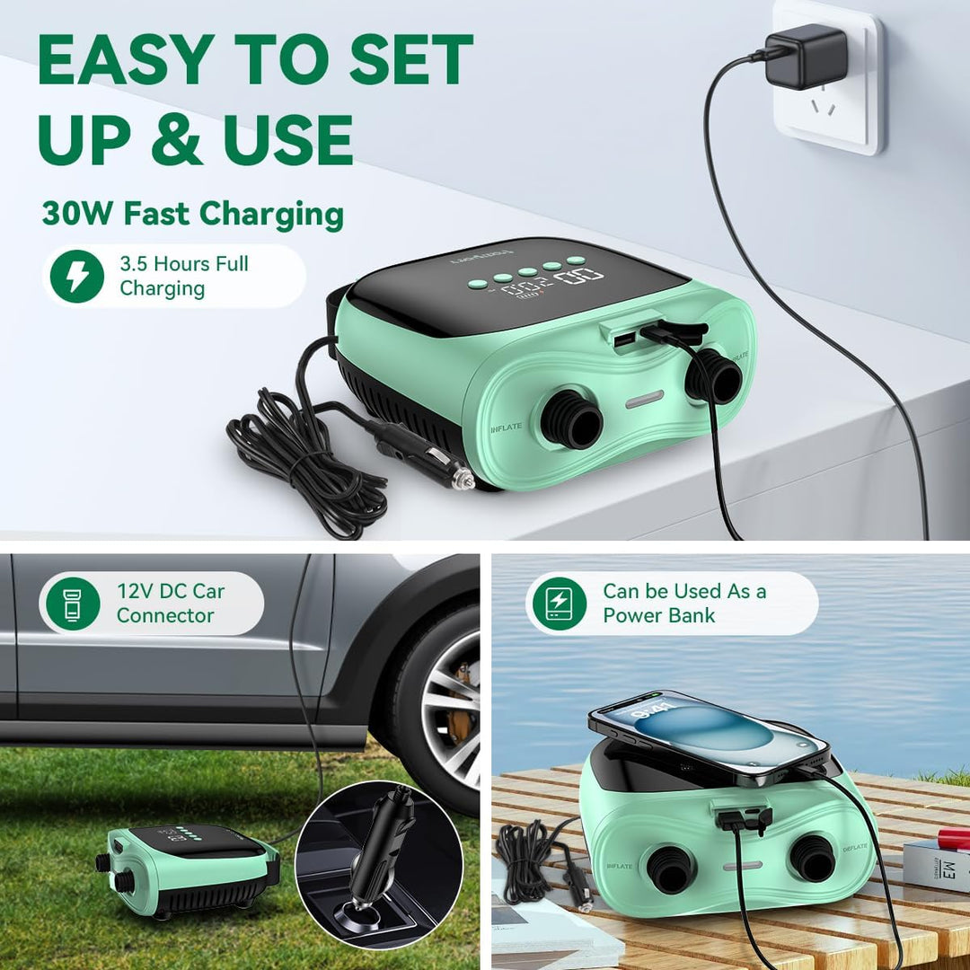 SUP Pumpe Elektrisch mit Akku, 20 PSI Hochdruck Luftpumpe, Wiederaufladbar, Auto-Off, 2-Stufen Infla