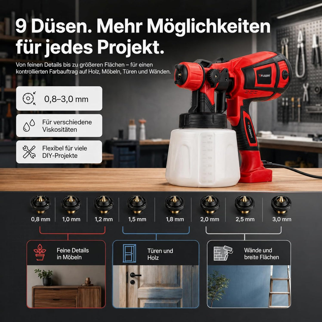 Farbsprühsystem, 750W, 1400 ml Behälter, 9 Düsengrössen 0,8-3,0 mm, mit Rutschfestem Griff und Visko