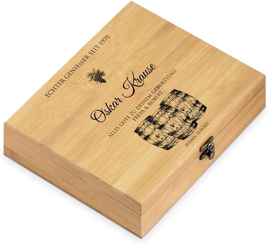 Maverton Weinöffner-Set personalisiert Weinset Sommelier Set - Geschenkbox Holzbox + 6er Weinzubehör