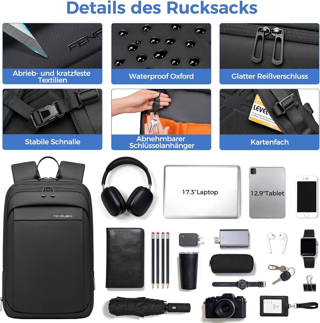 Laptop Business Rucksack Herre - Leichter 17,3 Zoll Slim Laptoprucksack mit USB - Ladeanschluss Wass