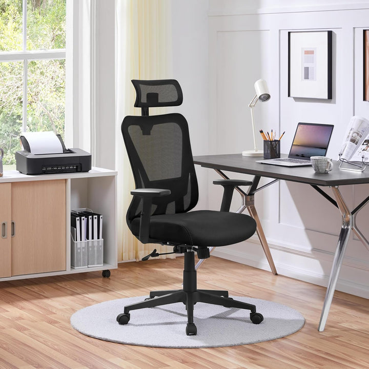 Yaheetech Bürostuhl Ergonomisch, Schreibtischstuhl mit Verstellbarer Kopfstütze, Armlehnen, Lendenwi