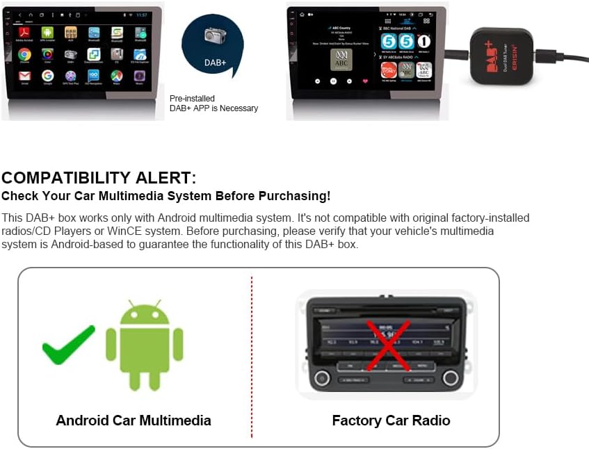 erisin DAB+ Box Antenne Digital Radio Adapter Verstärker für Autoradio Android 8.0/9.0/10.0 und höhe