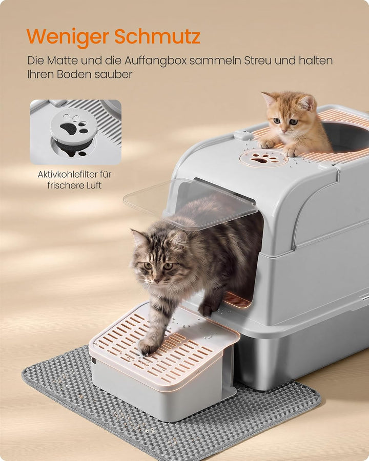 Feandrea Katzenklo Edelstahl, Katzentoilette mit Deckel, geschlossen, 2 Eingänge, inklusive Schaufel