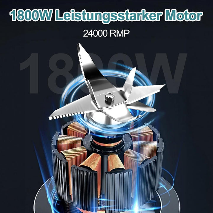 OMMO Standmixer 1.8L Hochleistungsmixer, 300 ml To-Go Becher, 6-Fach Metallmesser, Pulsfunktion, MAX