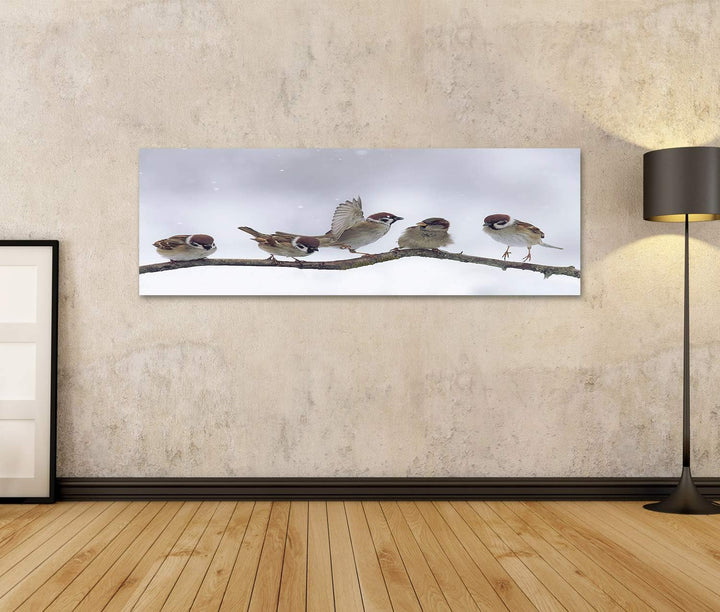 islandburner Bild auf Leinwand Spatzen Winter Verschneit Bilder Wandbilder Poster 120L x 40B cm, 120