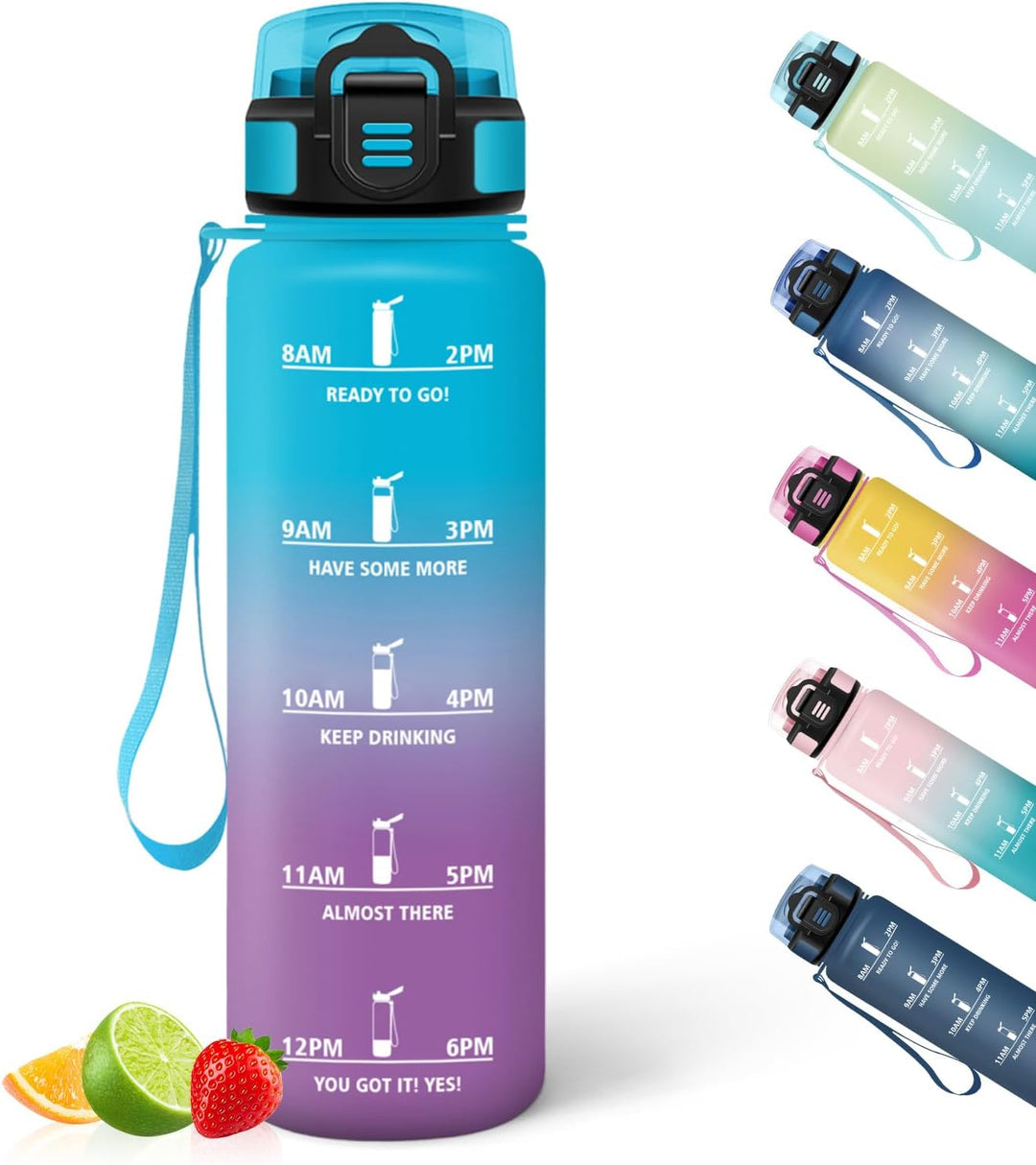 HoneyHolly Trinkflasche 1L, Zeitmarkierung, Wasserflasche, Auslaufsicher, Trinkflasche Sport, Wieder