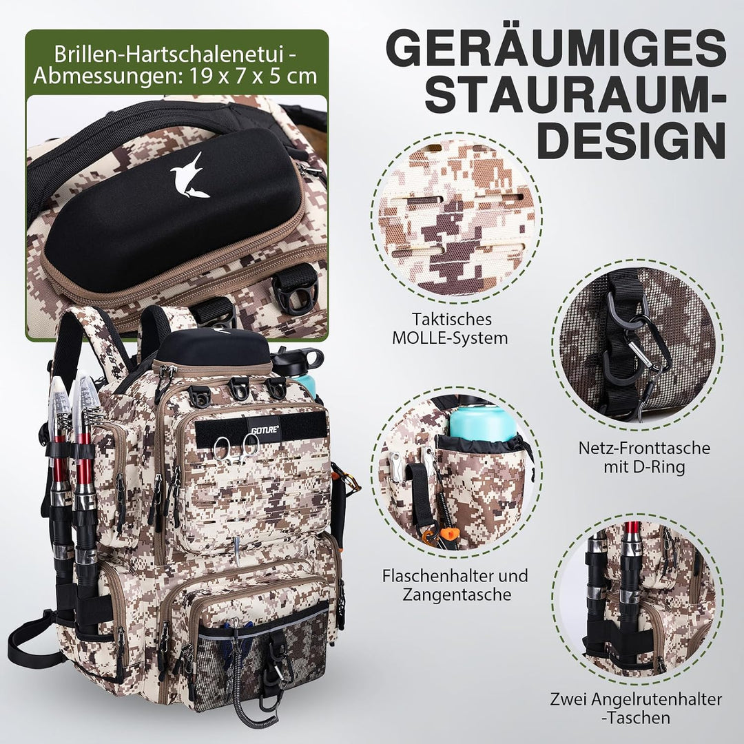 Goture Angelrucksack 45L, 4 Köderboxen, wasserdicht, Rutenhalter, Outdoor Wüsten-tarn 1