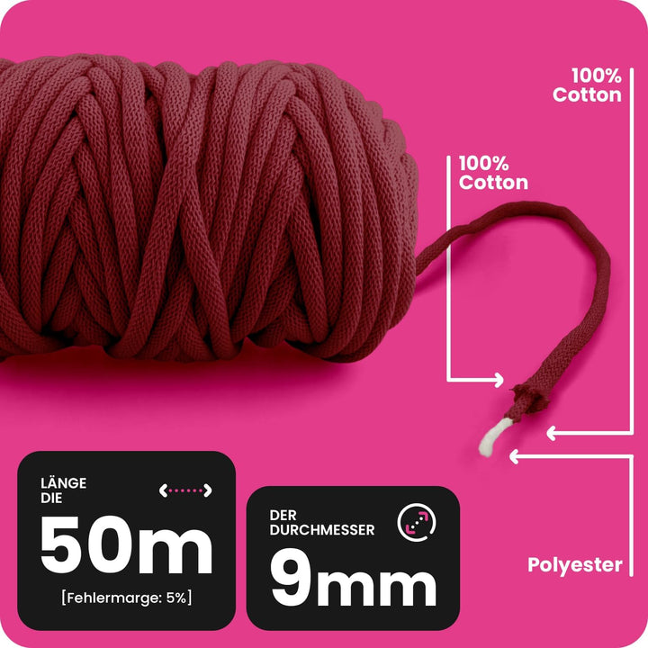 Netuno 1x Makramee Garn Bordeaux 9 mm 50 m Baumwollkordel mit Polyesterkern Dickes Garn Makramee Kor