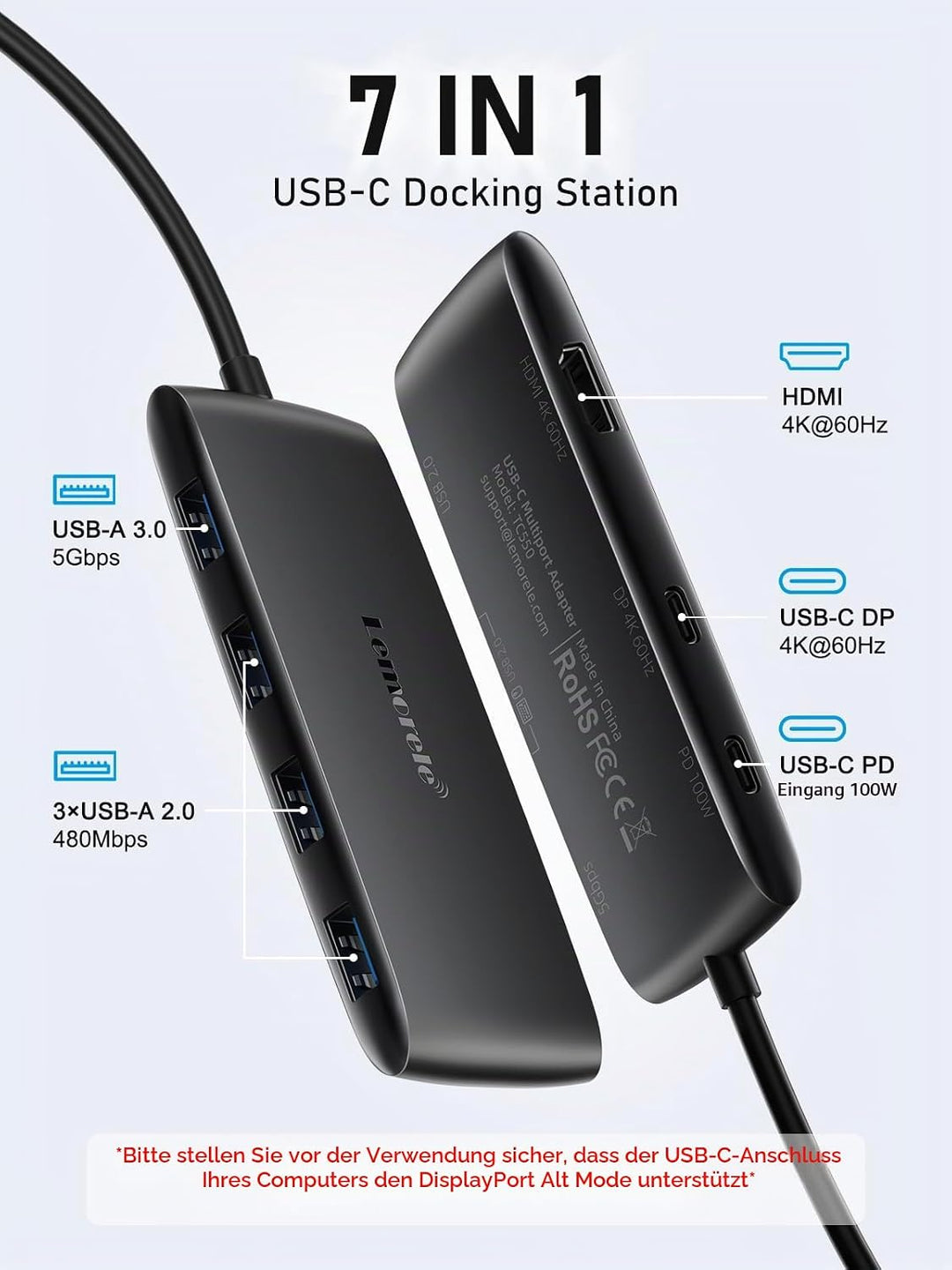 Lemorele Docking Station Dual Monitor,7-in-1 USB C Hub with HDMI +USB C DP Adapter 4K@60Hz, 3 USB 3.