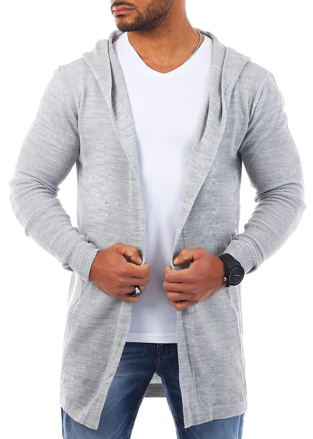 Carisma Herren Feinstrick Cardigan leichte Weste Strickjacke mit Kapuze Lange Passform Oversize Long