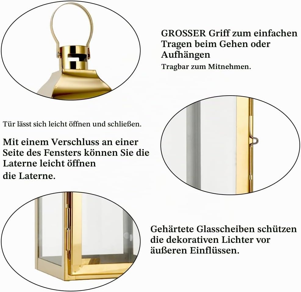 JHY DESIGN Edelstahl-Laternen für Kerze, 31,5cm hohe Kerze Laternen mit gehärtetem Glas Outdoor-Late