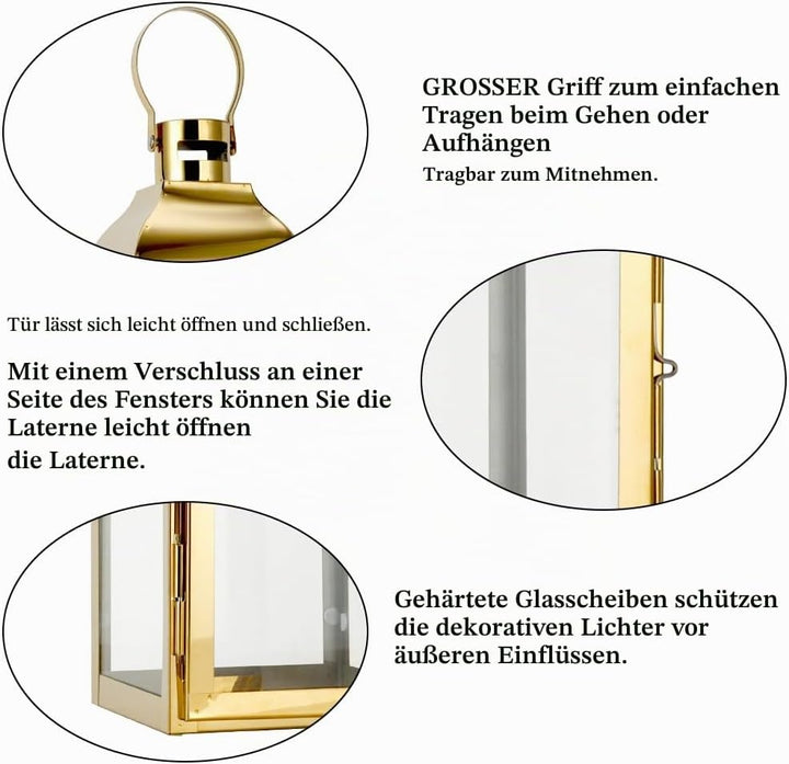 JHY DESIGN Edelstahl-Laternen für Kerze, 31,5cm hohe Kerze Laternen mit gehärtetem Glas Outdoor-Late