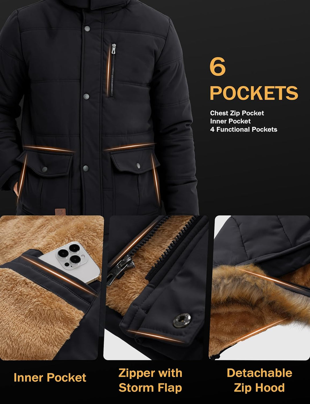 MAGCOMSEN Herren Winter Parka Jacke Winddicht Outdoor Warme Fleecejacke Freizeit Übergangsjacke Wass