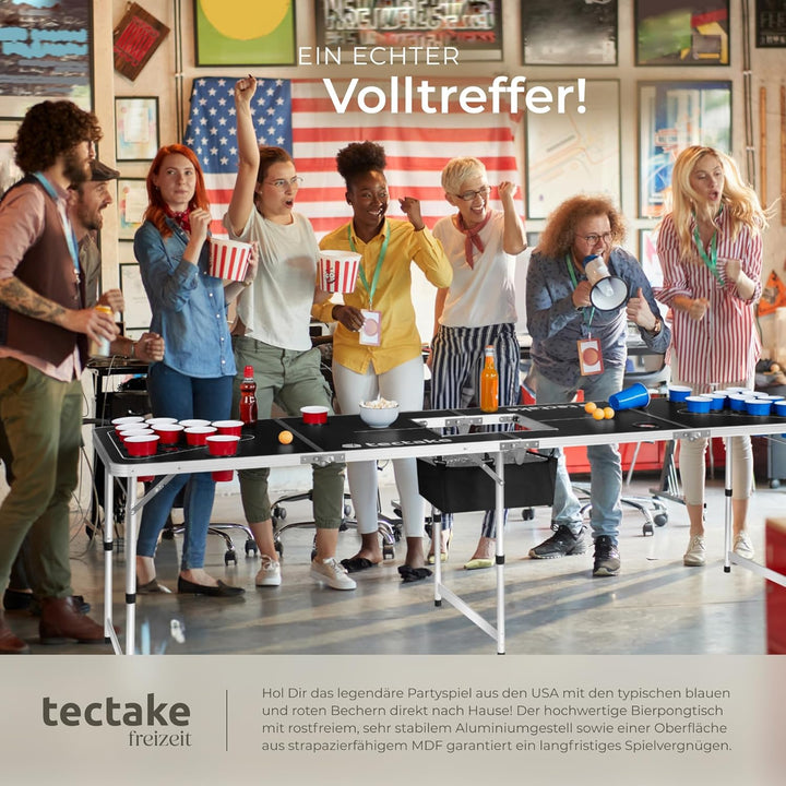 tectake® Bierpong Tisch, inkl. 100 Becher (50 rot & 50 blau) und 6 Bälle, mit Eisfach und Becherhalt