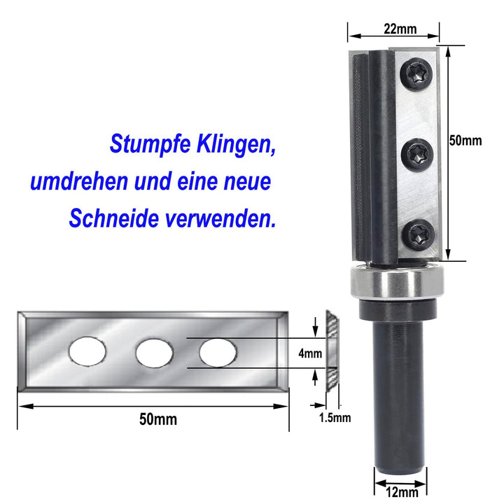 Sinoprotools Wendeplatten Bündigfräser,12mm Schaft Bündiger Fräser Schnittlänge 50mm,mit 4-seitigen