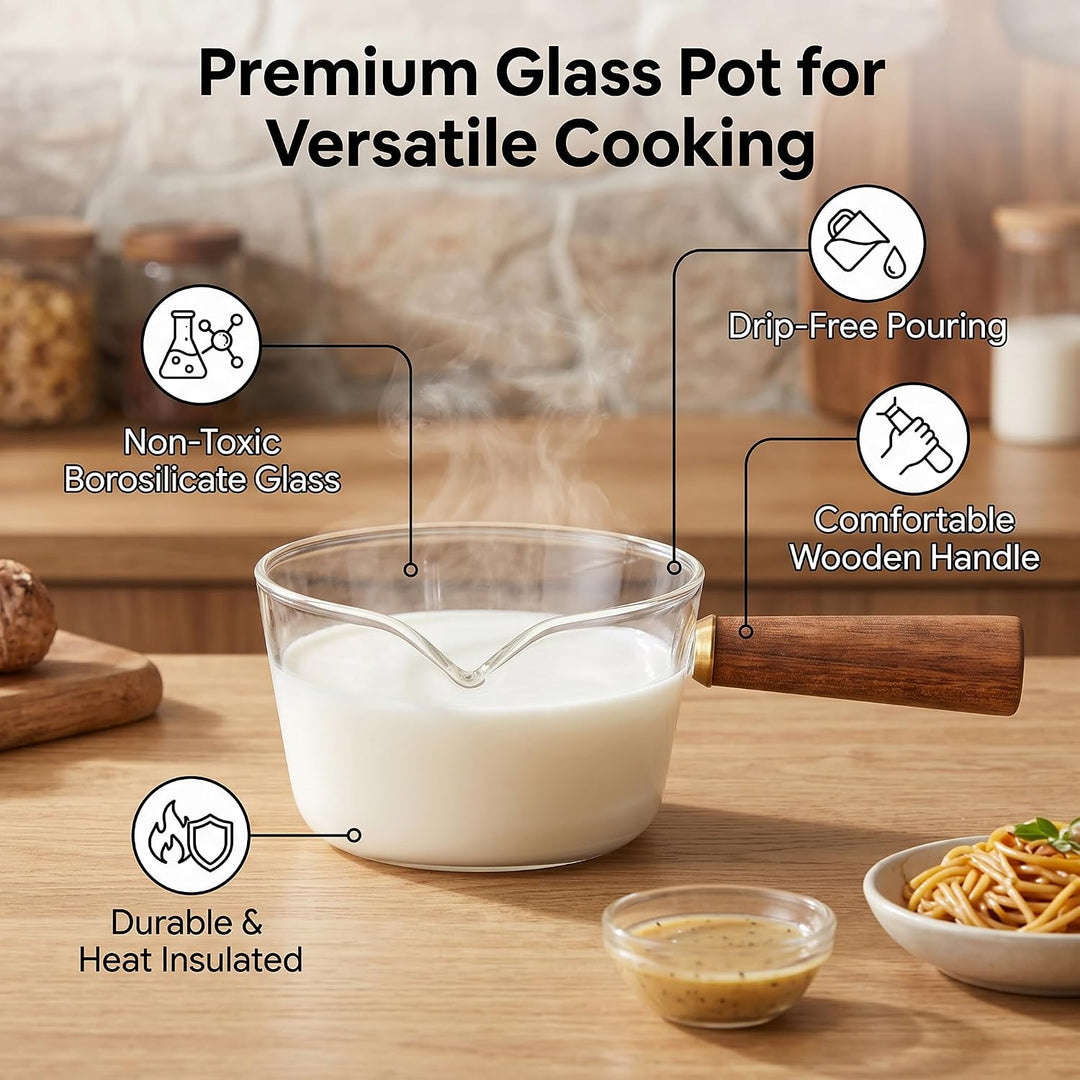 Stielkasserolle, Glas Milchtopf mit Holzgriff Kochtopf Stieltopf Nudeltopf mit V-förmige Tülle Sauce