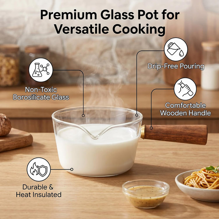 Stielkasserolle, Glas Milchtopf mit Holzgriff Kochtopf Stieltopf Nudeltopf mit V-förmige Tülle Sauce