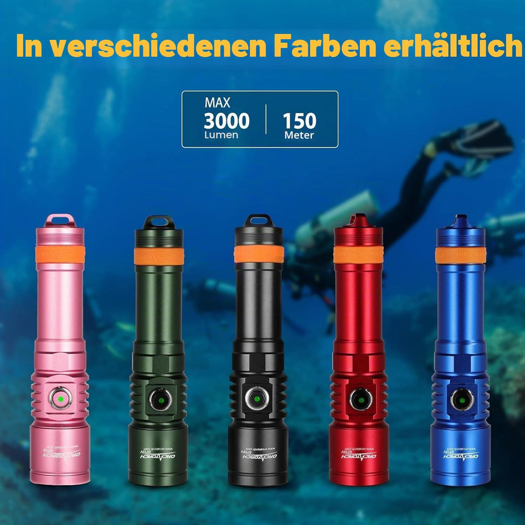 ORCATORCH D710 Tauchlampe, 3000 Lumen Unterwasser-Taschenlampe mit 6 Grad schmalem Strahl, IP68 wass