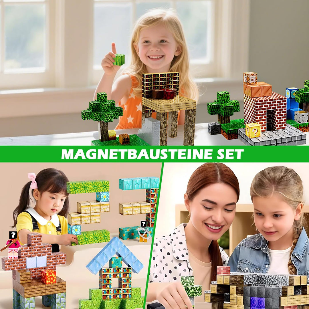 Lnxquizzic Magnetische Bausteine 120 Stück,2 Miner Figur,Zomblock Magnetblöcke für Kinder, Baue Mein