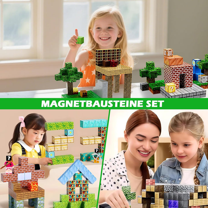 Lnxquizzic Magnetische Bausteine 120 Stück,2 Miner Figur,Zomblock Magnetblöcke für Kinder, Baue Mein