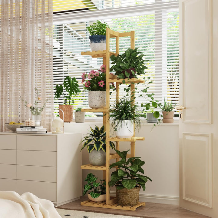 Bamworld Pflanzenständer Blumenständer Bambus Pflanzenregal Indoor Blumenregal Kleines Metall Blumen