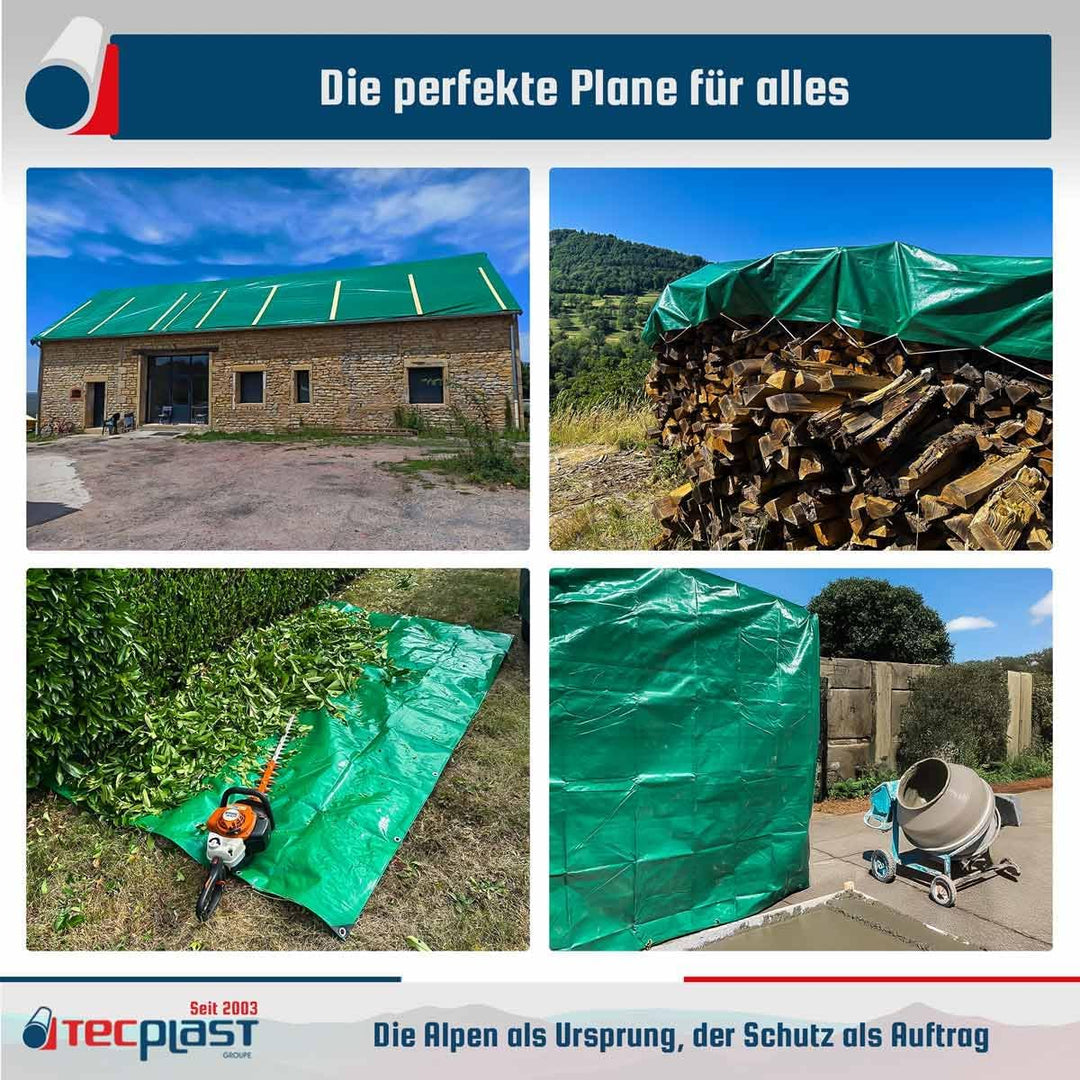 Schutzplane 6x10 m - TECPLAST 250MU - Grün und Braun - Hohe Leistung - wasserdichte Plane - Anti UV-