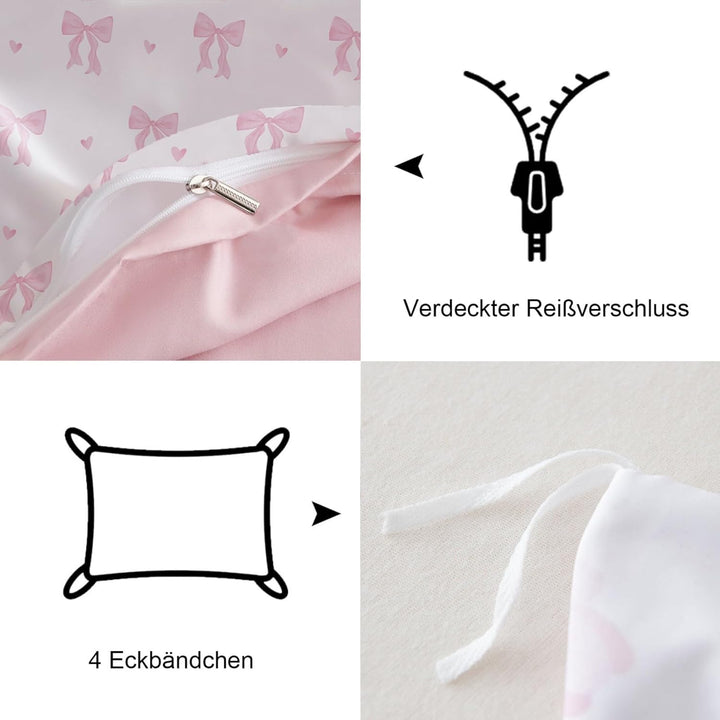 Freyamy Schleife Bettwäsche 135x200cm 2teilig Beige Rosa Schleifen Herz Mädchen Wendebettwäsche Set