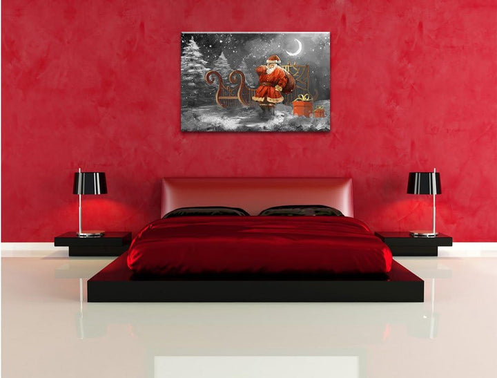 Pixxprint Weihnachtsmann mit Geschenken als Leinwandbild/Grösse: 100x70 cm/Wandbild/Kunstdruck/ferti
