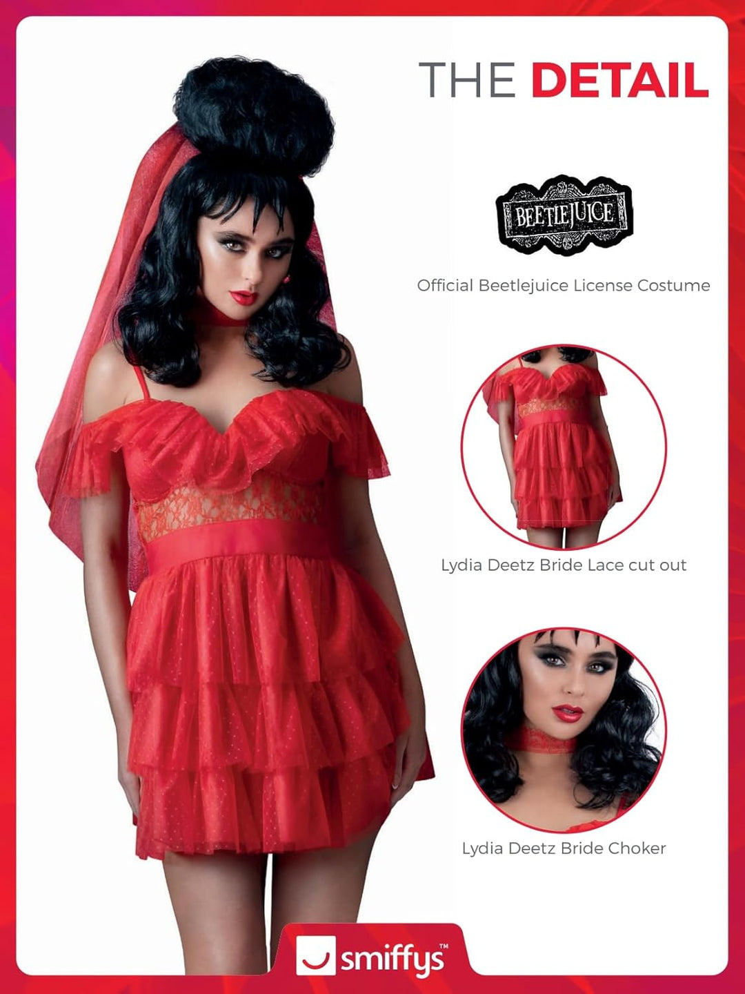 Smiffys Beetlejuice Lydia Bride Erwachsenenkostüm Kleid und Schleier in Rot mit durchsichtigen Ärmel