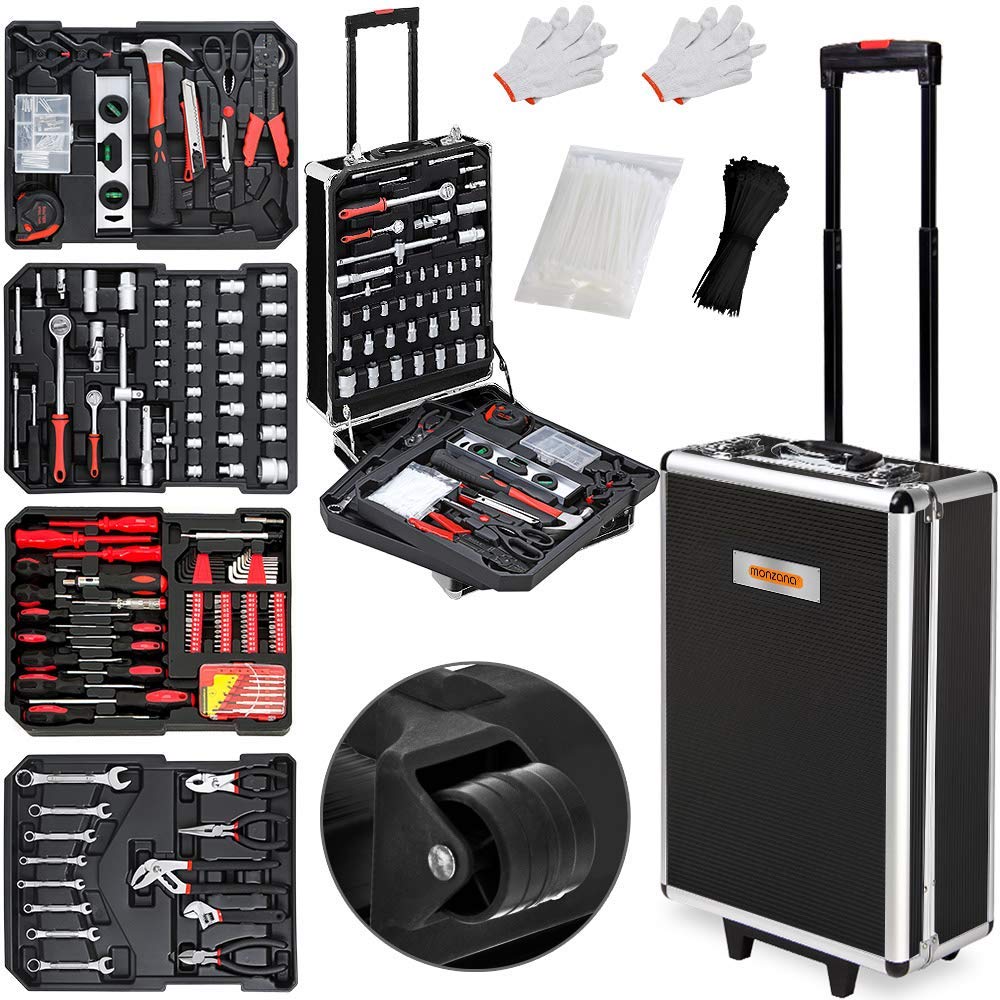 MONZANA® 899tlg Werkzeugtrolley CrV-Stahl Werkzeugkoffer Aluminiumkoffer mit Rollen Teleskopgriff Ab