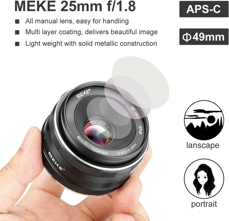 Meike 25mm F1.8 APS-C grosse Blende Weitwinkelobjektiv Manueller Fokusobjektiv Kompatibel mit Sony E