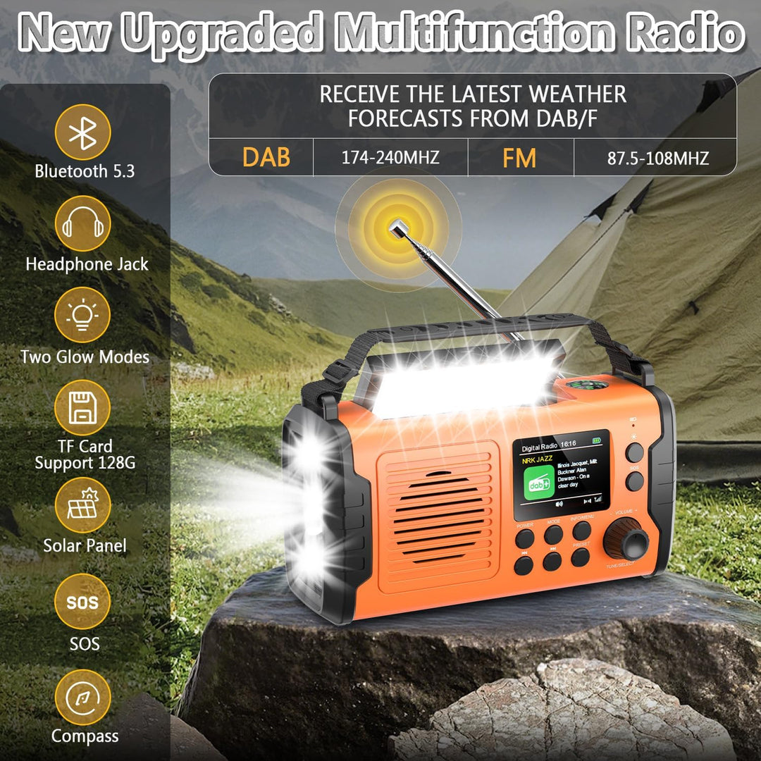20000mAh Kurbelradio mit Bluetooth, DAB/FM Solar Radio, Als Taschenlampe & Leselicht, USB Handy-Lade