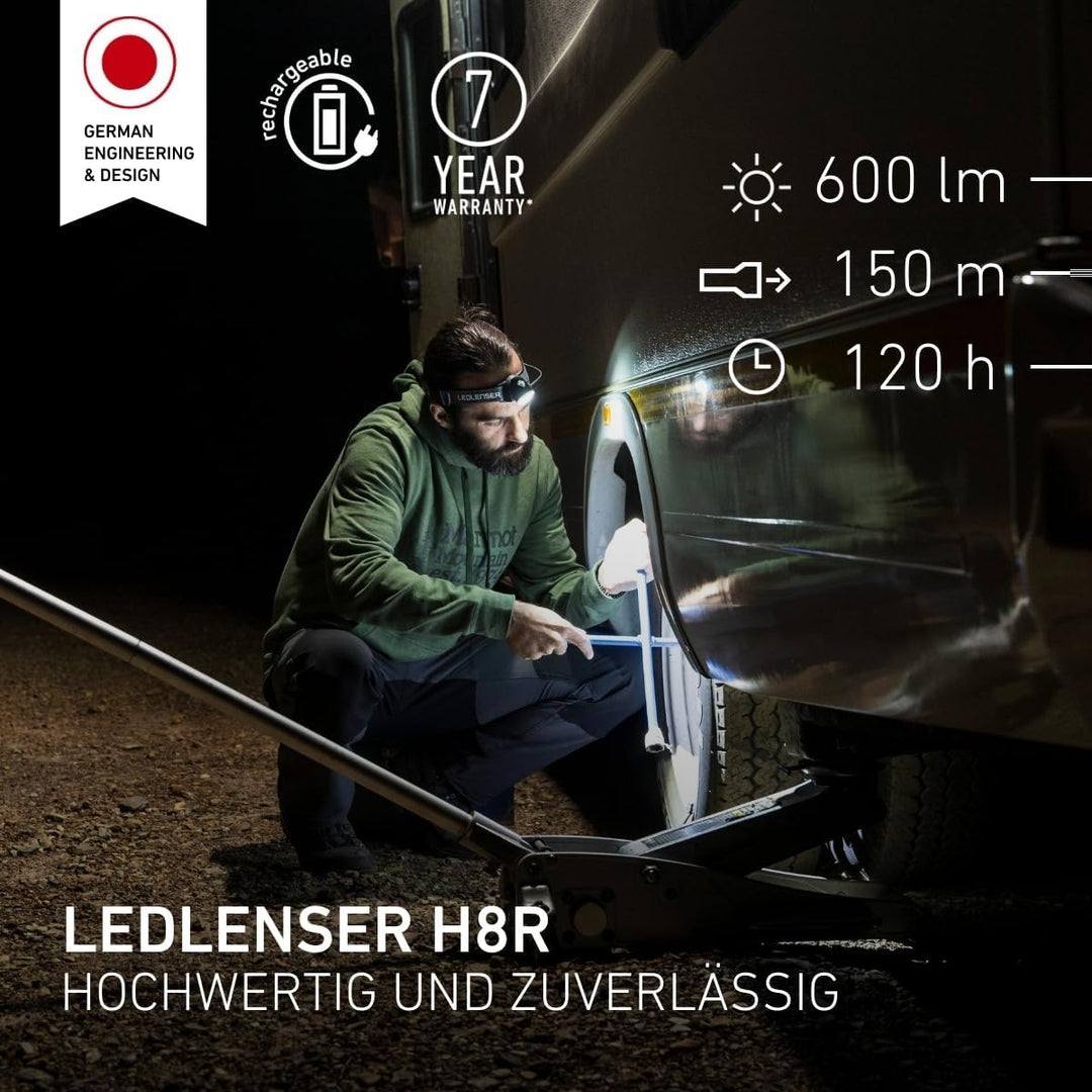 Ledlenser H8R, LED Stirnlampe, 600 Lumen, bis zu 120h Laufzeit, rotes Rücklicht, inkl. Akku, aufladb