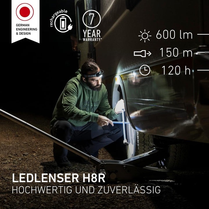 Ledlenser H8R, LED Stirnlampe, 600 Lumen, bis zu 120h Laufzeit, rotes Rücklicht, inkl. Akku, aufladb