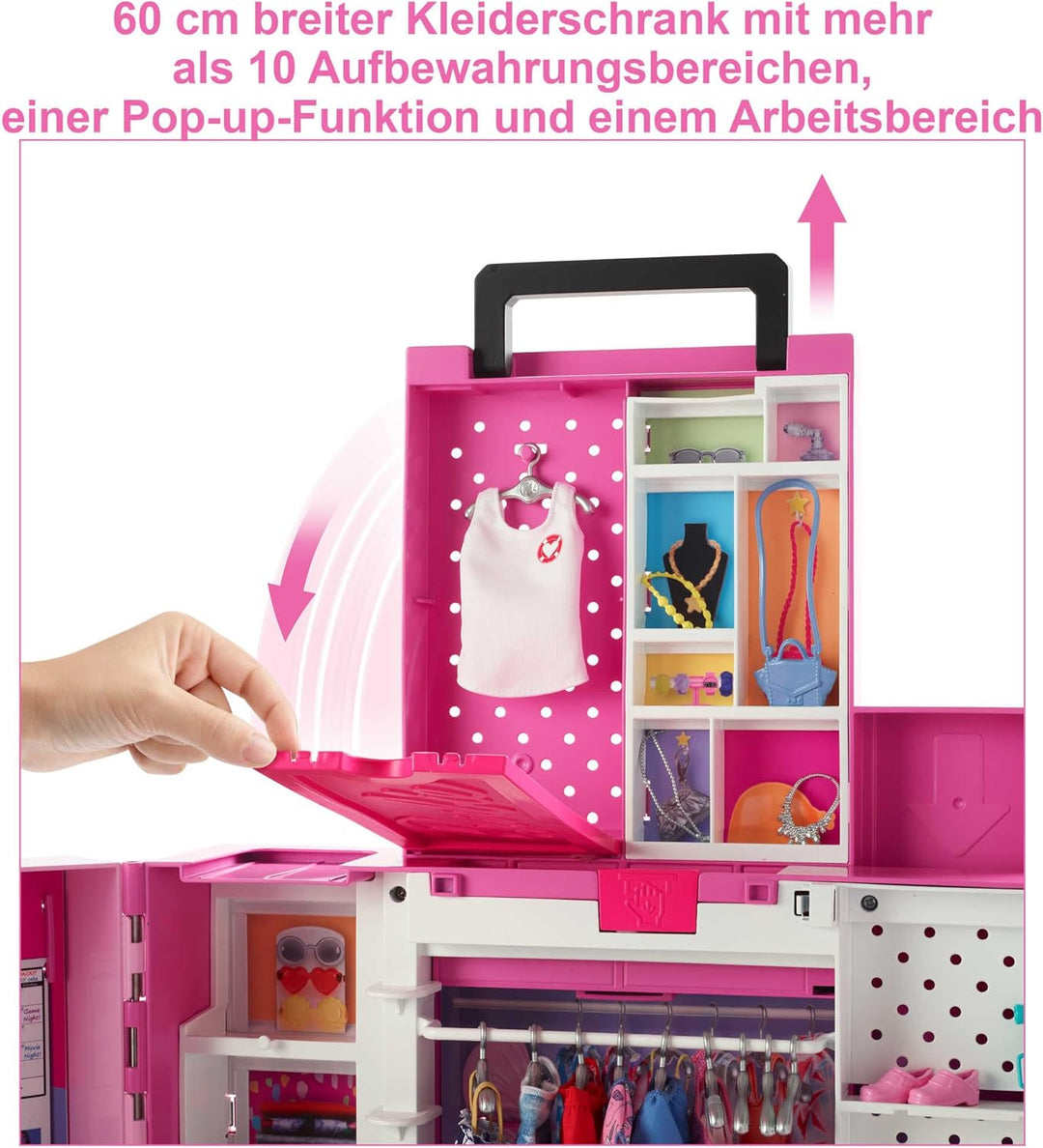 Barbie Traum Kleiderschrank mit Barbie Kleidung und Zubehör, 2 Etagen Wäscheschrank, Arbeitsplatz, S
