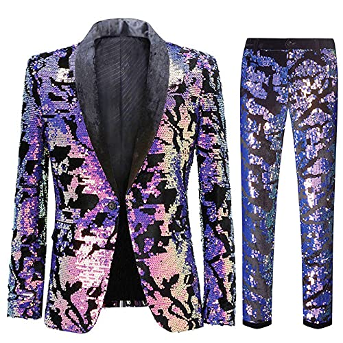 CARFFIV Herren Modische Blumenmuster Pailletten Zweiteiler Set Anzüge XS Map Purple, XS Map Purple